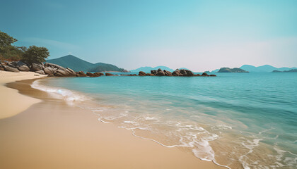 Obraz premium Behold the coastal enchantment, where the land and sea unite in a timeless dance. The beach, adorned with grains of golden sand