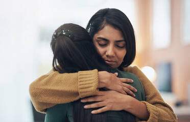 Friends, hug and support of women together in a house with love, care and empathy. Indian sisters...