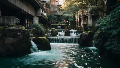 A symphony of water, a tranquil retreat, In Kyoto's embrace, a hot spring's heartbeat. A waterfall cascades, with rhythmic delight, In hues of turquoise and black, a captivating sight.