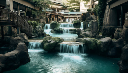 Naklejka premium A symphony of water, a tranquil retreat, In Kyoto's embrace, a hot spring's heartbeat. A waterfall cascades, with rhythmic delight, In hues of turquoise and black, a captivating sight.