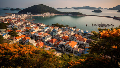 Tondo Tongyeong, where the sea's whispers prevail, White and orange tiffin roofs, a vibrant tale. Captivating harbor views, a sight to inhale, Gray and azure blend, a tranquil trail.