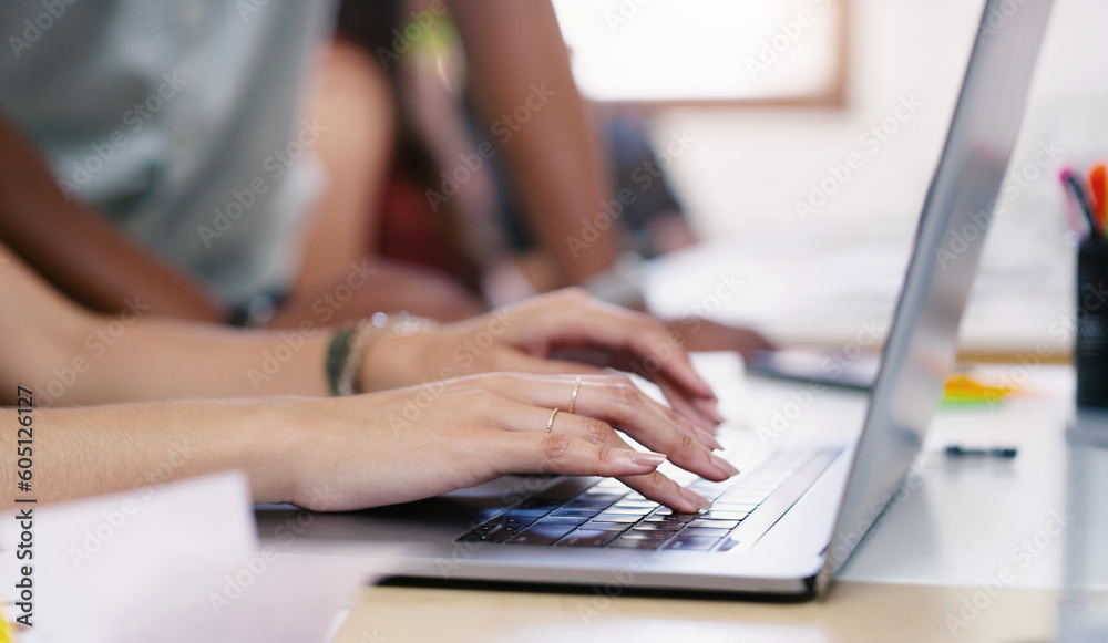Poster laptop, keyboard and woman hands typing while working on a corporate project in the office. technolo