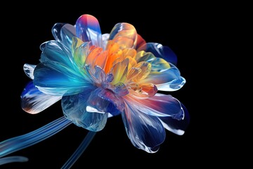 Glass or plastic flower on dark background with beautiful LED light spectrum. Generative AI. Illustration for for banner, poster, cover, brochure or presentation.