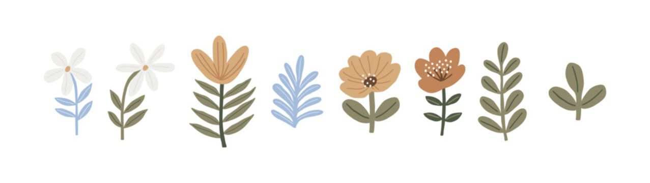 Cute Simple Flowers - flat illustration in modern style. Vector illustration with flowers, leaves