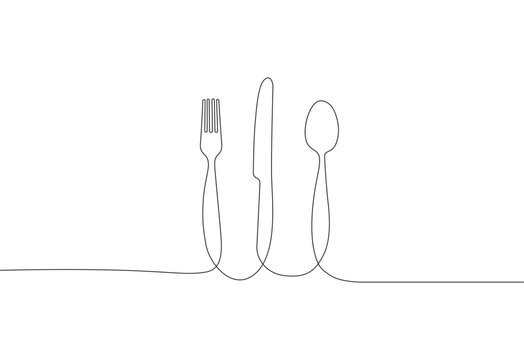 Continuous Line Drawing Of Spoon Knife And Fork Tableware Tools Vector Illustration Premium Vector.