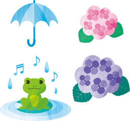 梅雨　夏　雨　花　あじさい　カエル　傘　水彩　アナログタッチ　かわいい　イラスト素材