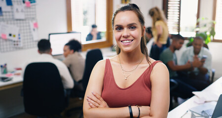Woman, smile and portrait of designer with arms crossed in office workplace for business. Face,...
