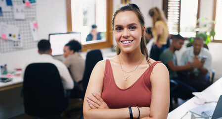 Woman, smile and portrait of designer with arms crossed in office workplace for business. Face, confidence and graphic design, female person and creative entrepreneur, professional and leadership.