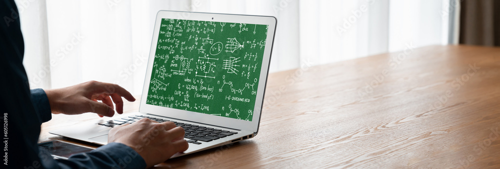 Wall mural mathematic equations and modish formula on computer screen showing concept of science and education