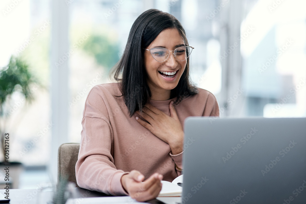 Poster Laptop, excited and remote work of woman in home with good news, promotion or bonus in house. Computer, wow and surprised female person, freelancer and success, winning competition and email reward.