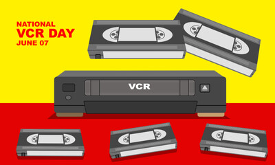 several vcr (videocassette recorder) and vcr player and bold text commemorating National VCR Day on June 7
