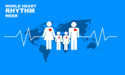 silhouette icon of complete family (mother, father, daughter and son) with Heart Rhythm outline and world map and bold text to commemorate World Heart Rhythm Week in June
