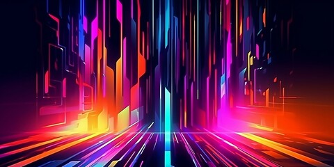 Abstract background with interlaced digital glitch and distortion effect. Futuristic cyberpunk design. Retro futurism, webpunk, rave 80s 90s cyberpunk aesthetic techno neon colors.  Generative AI  - obrazy, fototapety, plakaty