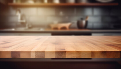 Fototapeta na wymiar Beautiful empty brown wooden table top and blurred defocused modern kitchen interior background with day light flare, product montage display