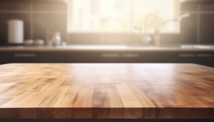 Beautiful empty brown wooden table top and blurred defocused modern kitchen interior background with day light flare, product montage display