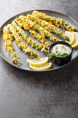 Crunchy baked asparagus fries with mayonnaise dip, healthy vegetable snack close-up on a plate on a table. Vertical