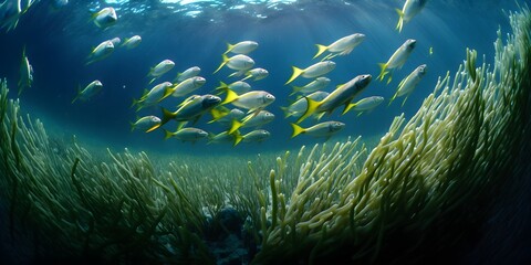 Fototapeta na wymiar sea ecosystem, large school of fish on a blue background, abstract fish alive, sea tornado - generated