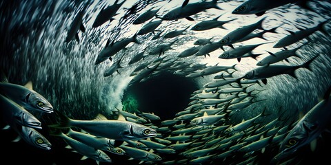  sea ecosystem, large school of fish on a blue background, abstract fish alive, sea tornado - generated