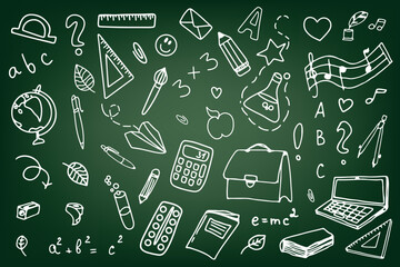 Background of school icons in doodle style. School education. Back to school doodle drawing.
