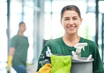Happy, product and portrait of a woman with a cleaning service, tools and bucket for work. Smile,...