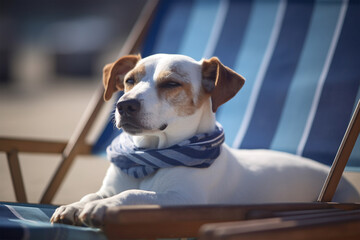 Small terrier dog relaxing in deck chair at beach. Generative AI illustration