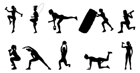 Set collection of various woman sports exercising silhouettes isolated vector design