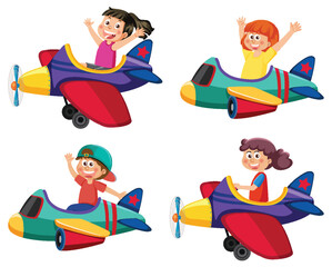 Set of happy kids riding plane