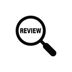 Magnifying glass with word Review on white background. Assess icon, review word, appraisal
