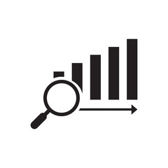 Magnifying glass showing rising chart bar graph, vector eps10 illustration. Economic report icon. Analyze. Rising chart. Report profit stats icon, analyze chart financial graphic, view increase