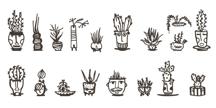 Ceramic pots with cactus comic faces. Black doodle emotions characters. Plant ceramics. Pottery vases trendy concept. Cartoon style. Hand drawn illustration isolated on white background Vector set