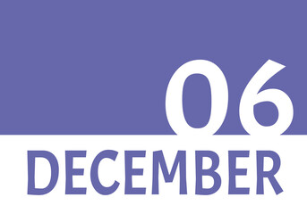 6 december calendar date with copy space. Very Peri background and white numbers. Trending color for 2022.