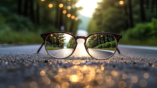 road center line leading to source of light behind an eyeglasses, with blur background Generative AI