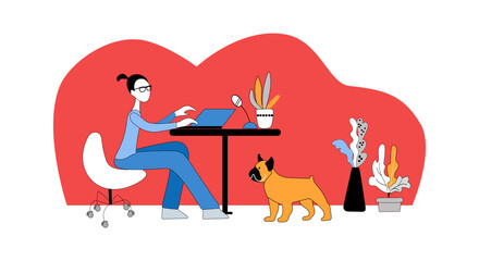 The girl works online at a laptop next to a French bulldog. Pet-friendly place for animal lovers. Pets are welcome. Well-behaved pet with his owner. Socializing with pets in public areas.
