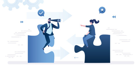 Business people ride puzzle pieces to meet each other. Concept of successful negotiations, collaboration, corporate relations. Business vision