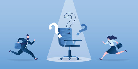 Recruitment, hiring, new vacancy. Job application questions. Post resumes. Job seekers run to the business chair for work interview. Office chair and questions in spotlight.