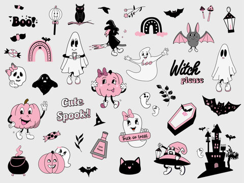 Pink Halloween Set, Groovy Halloween bundle, White sheet ghost mascot, Pink pumpkin in retro style