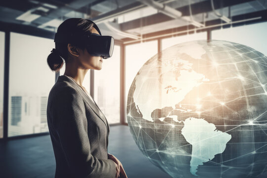 Office worker woman in vr helmet. Female using Virtual reality display in office tasks generative ai.