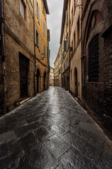 Fototapeta na wymiar Streets in the old town of Siena, Tuscany, Italy, on a rainy day in spring.