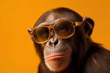 Foto op Canvas This monkey in glasses and a polka dot tie is sure to make you smile. A playful and amusing portrait with a quirky touch. AI Generative. © sorapop