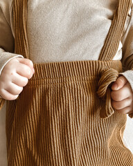 small children's hands hold suspenders on brown pants. a small child on a white background is close