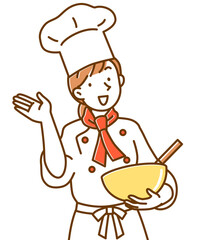 赤いスカーフを巻いて手を挙げる女性シェフ