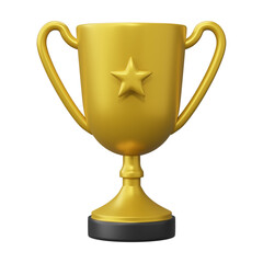 Golden champion trophy cup award with gold star. Concept of Winner prize, sport award, success. 3D render Illustration.