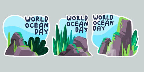 World ocean day marine ecology campaign save the planet water object set collection drawing illustration sticker doodle cartoon style