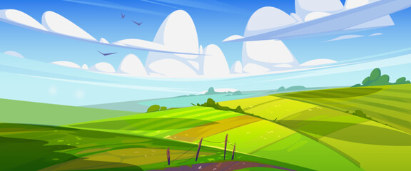 Green summer field on sunny day. Vector cartoon illustration of beautiful countryside nature, rural area, lush grass or agricultural crops growing on farmland, birds flying in blue sky with clouds