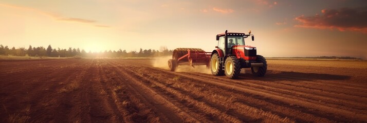 The tractor drives across the field, prepares beds for sowing. Generative AI