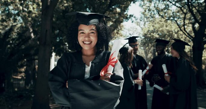 Smile, arms crossed and face of woman at graduation in university campus. Portrait, graduate and African female student confident in college for education, achievement and certificate for success.