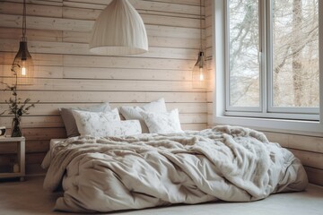 Fototapeta na wymiar Cozy bedroom interior created with Generative AI technology