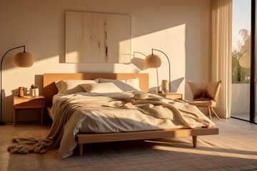 Beige bedroom in the evening sun created with Generative AI technology