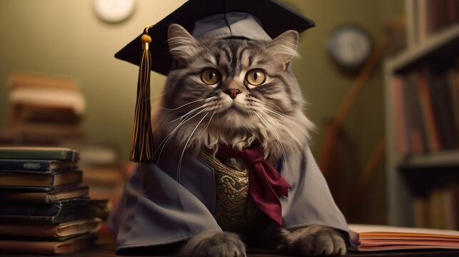 Cat posing for graduation photo, in gown and bita on a desk with books. .Generative AI
