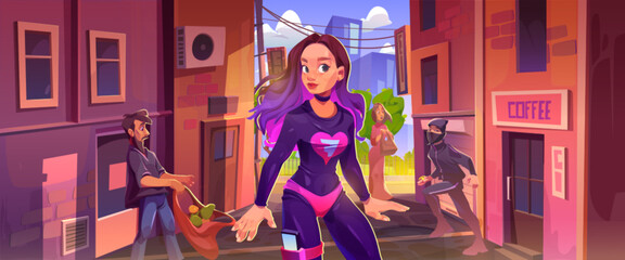 Girl super hero in city street alley came for thief man cartoon background. Neighborhood back alleyway in ghetto and powerful female character in tight purple costume came for justice comics scene - obrazy, fototapety, plakaty
